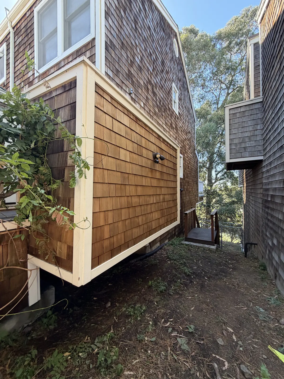 After: the same cedar shingle siding soft washed clean